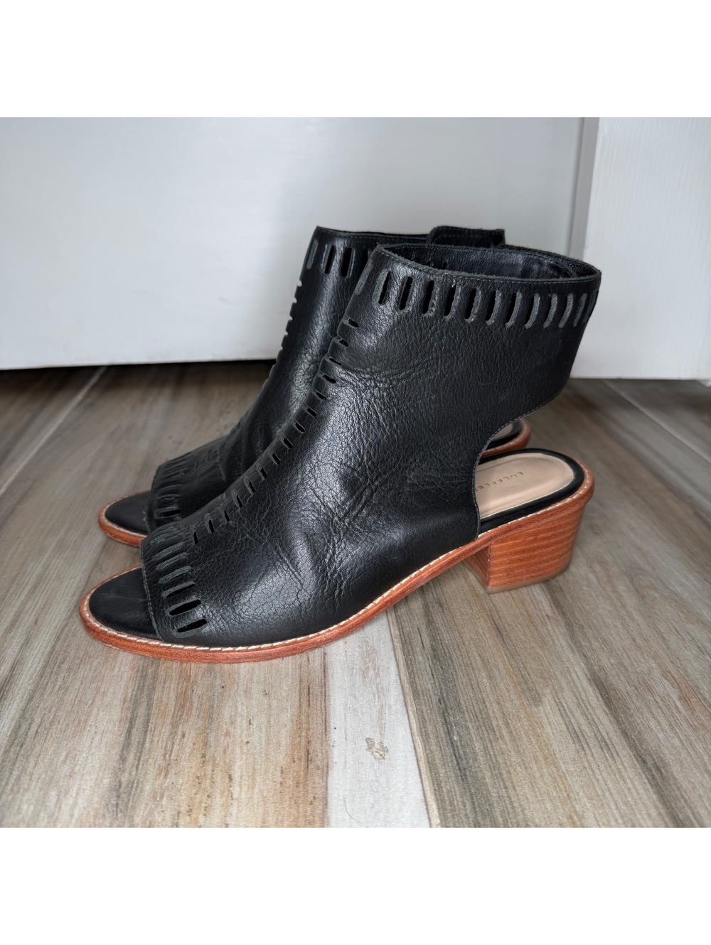 Loeffler Randall Mercy Peep Toe Black Leather Heeled Bootie Sandals Womens 8.5